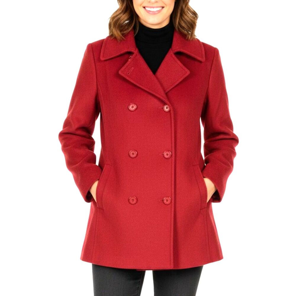 KRISTEN BLAKE Pea Coat Red Wool Blend Double Breasted Warm Soft Women Size Large
